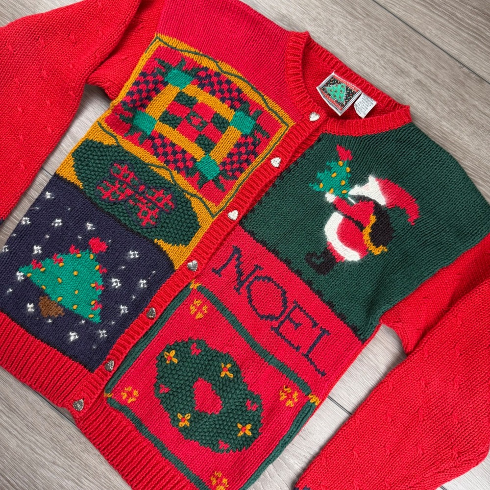 Casual Corner Womens Christmas Cardigan Santa Noel Wreath Red Multi Small